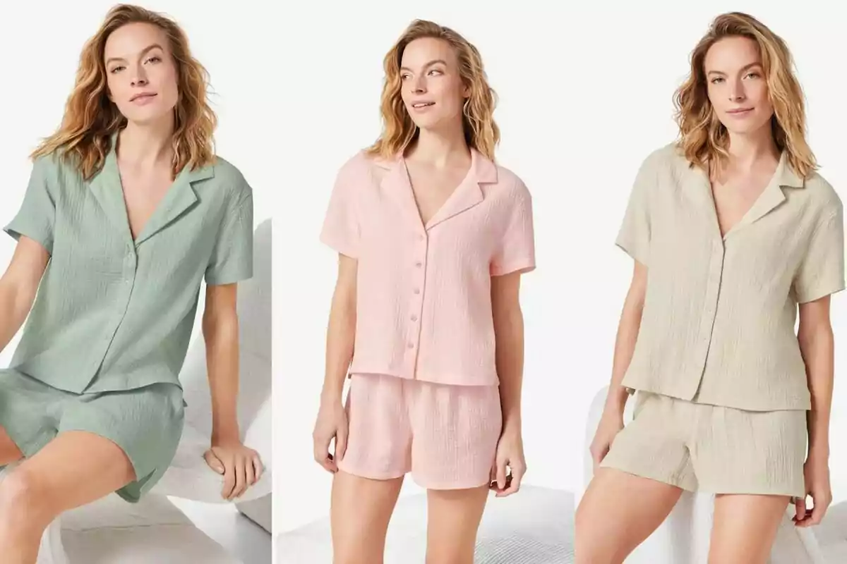 Mujer modelando pijamas de dos piezas en colores pastel verde rosa y beige Mujer modelando pijamas de dos piezas en colores pastel verde rosa y beige
