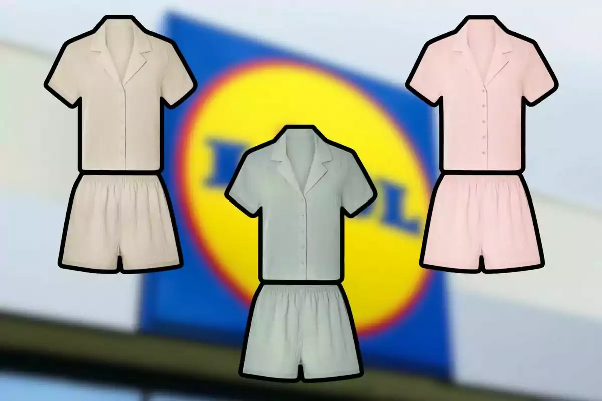 Tres conjuntos de ropa de verano en colores pastel con camisa y shorts sobre un fondo desenfocado de un logotipo de supermercado Tres conjuntos de ropa de verano en colores pastel con camisa y shorts sobre un fondo desenfocado de un logotipo de supermercado
