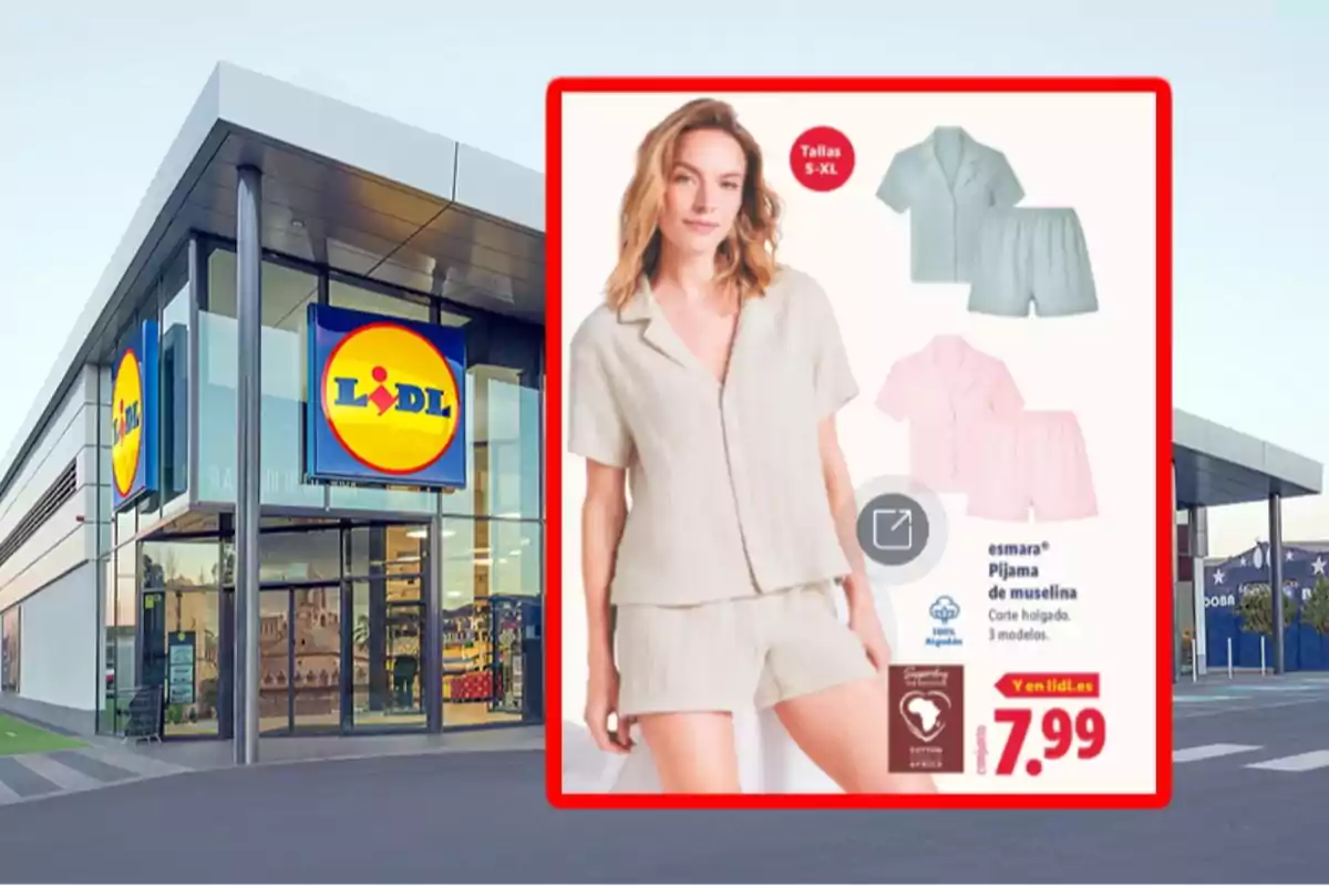 Fachada de una tienda Lidl con un anuncio de pijamas de mujer en diferentes colores y precio destacado Fachada de una tienda Lidl con un anuncio de pijamas de mujer en diferentes colores y precio destacado