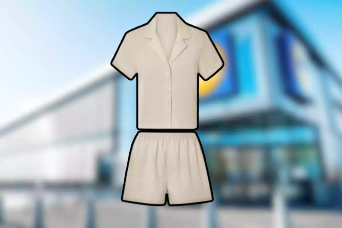 Conjunto de camisa y shorts beige sobre un fondo de edificio desenfocado Conjunto de camisa y shorts beige sobre un fondo de edificio desenfocado