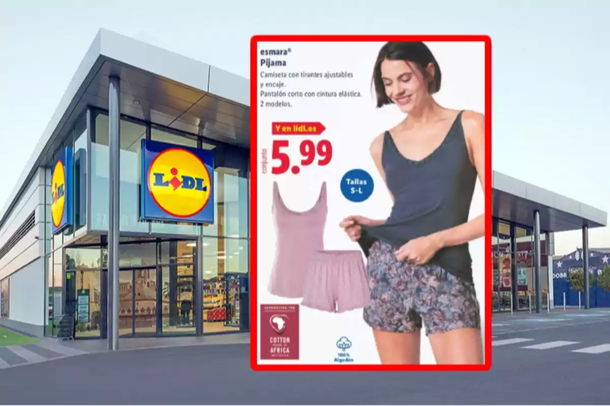 Fachada de una tienda Lidl con un anuncio de pijama para mujer de la marca Esmara en primer plano mostrando el precio de 5.99 euros y tallas disponibles S a L Fachada de una tienda Lidl con un anuncio de pijama para mujer de la marca Esmara en primer plano mostrando el precio de 5.99 euros y tallas disponibles S a L
