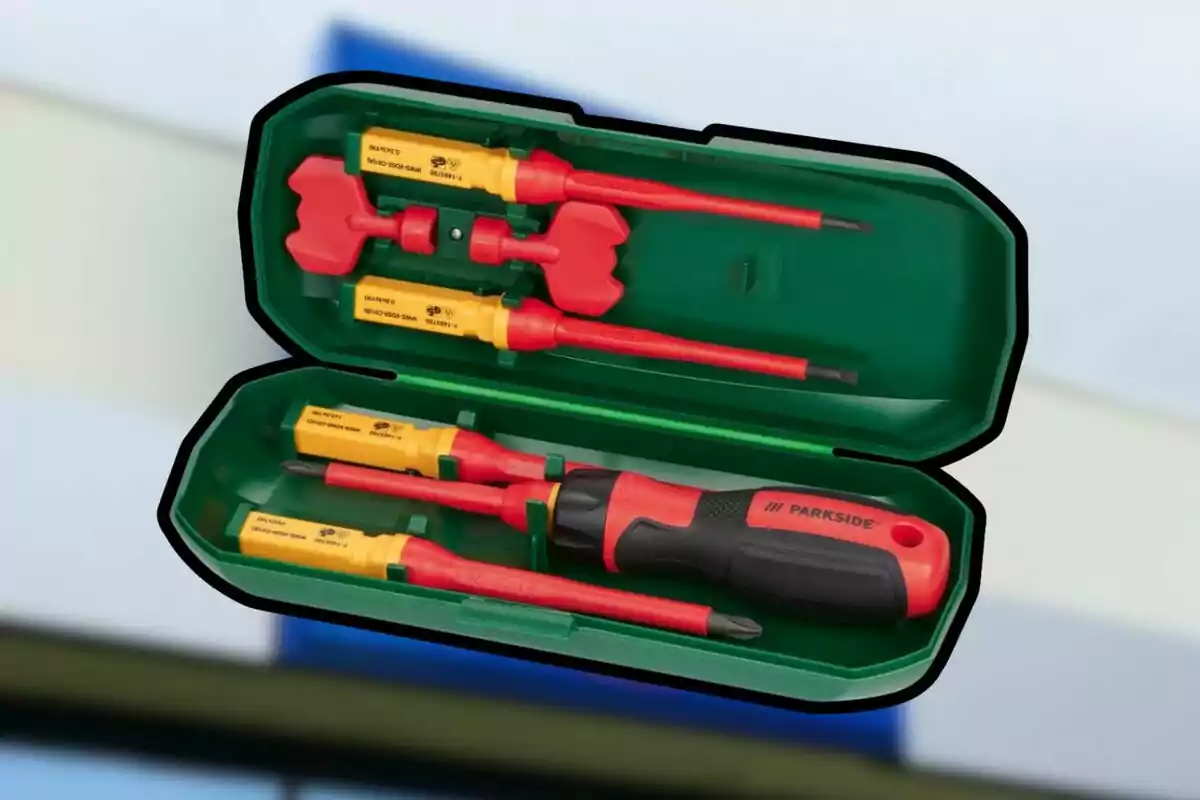 Estuche verde con destornilladores y accesorios de mango rojo y amarillo marca Parkside Estuche verde con destornilladores y accesorios de mango rojo y amarillo marca Parkside