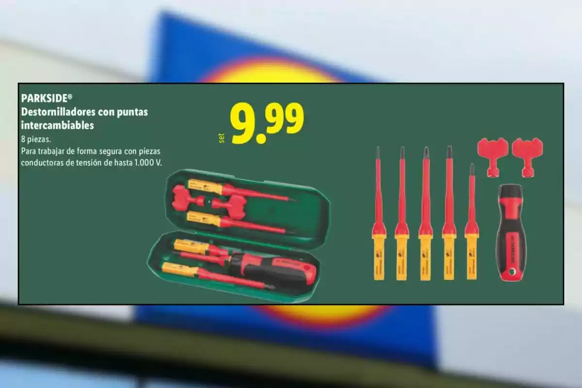 Set de destornilladores con puntas intercambiables de la marca Parkside, incluye ocho piezas en colores rojo y amarillo, estuche verde y precio de 9.99 euros Set de destornilladores con puntas intercambiables de la marca Parkside, incluye ocho piezas en colores rojo y amarillo, estuche verde y precio de 9.99 euros