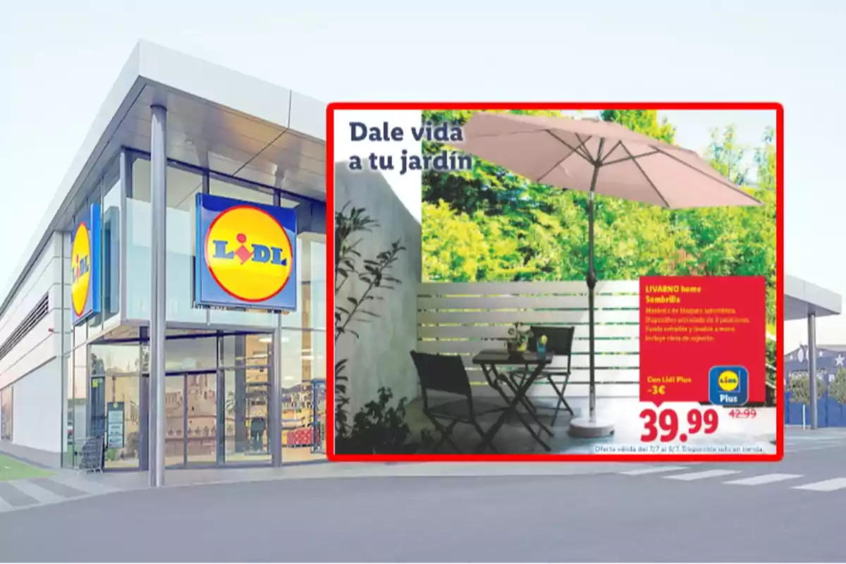 Fachada de una tienda Lidl con un cartel promocional de una sombrilla para jardín a un precio especial Fachada de una tienda Lidl con un cartel promocional de una sombrilla para jardín a un precio especial