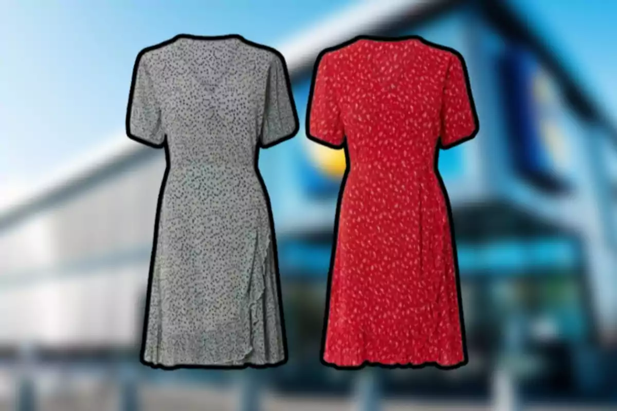 Dos vestidos de manga corta con estampado de puntos uno en color gris y otro en color rojo sobre un fondo desenfocado de una tienda Dos vestidos de manga corta con estampado de puntos uno en color gris y otro en color rojo sobre un fondo desenfocado de una tienda
