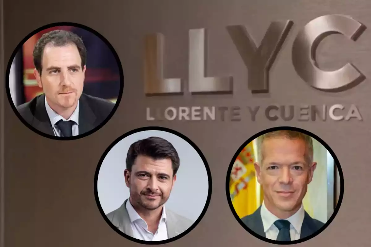 Tres hombres enmarcados en círculos frente al logo de la empresa LLYC Llorente y Cuenca