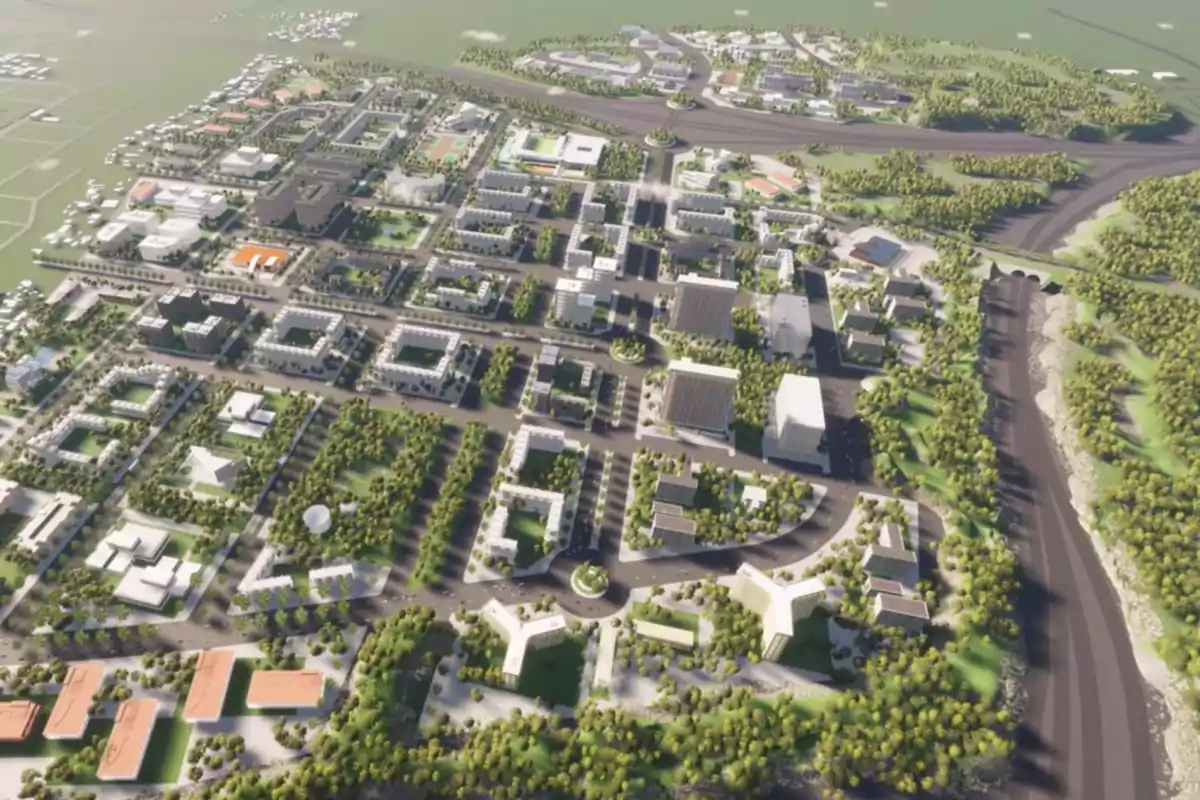 Vista aérea de un modelo urbano digital con edificios, calles, áreas verdes y carreteras rodeadas de vegetación Vista aérea de un modelo urbano digital con edificios, calles, áreas verdes y carreteras rodeadas de vegetación