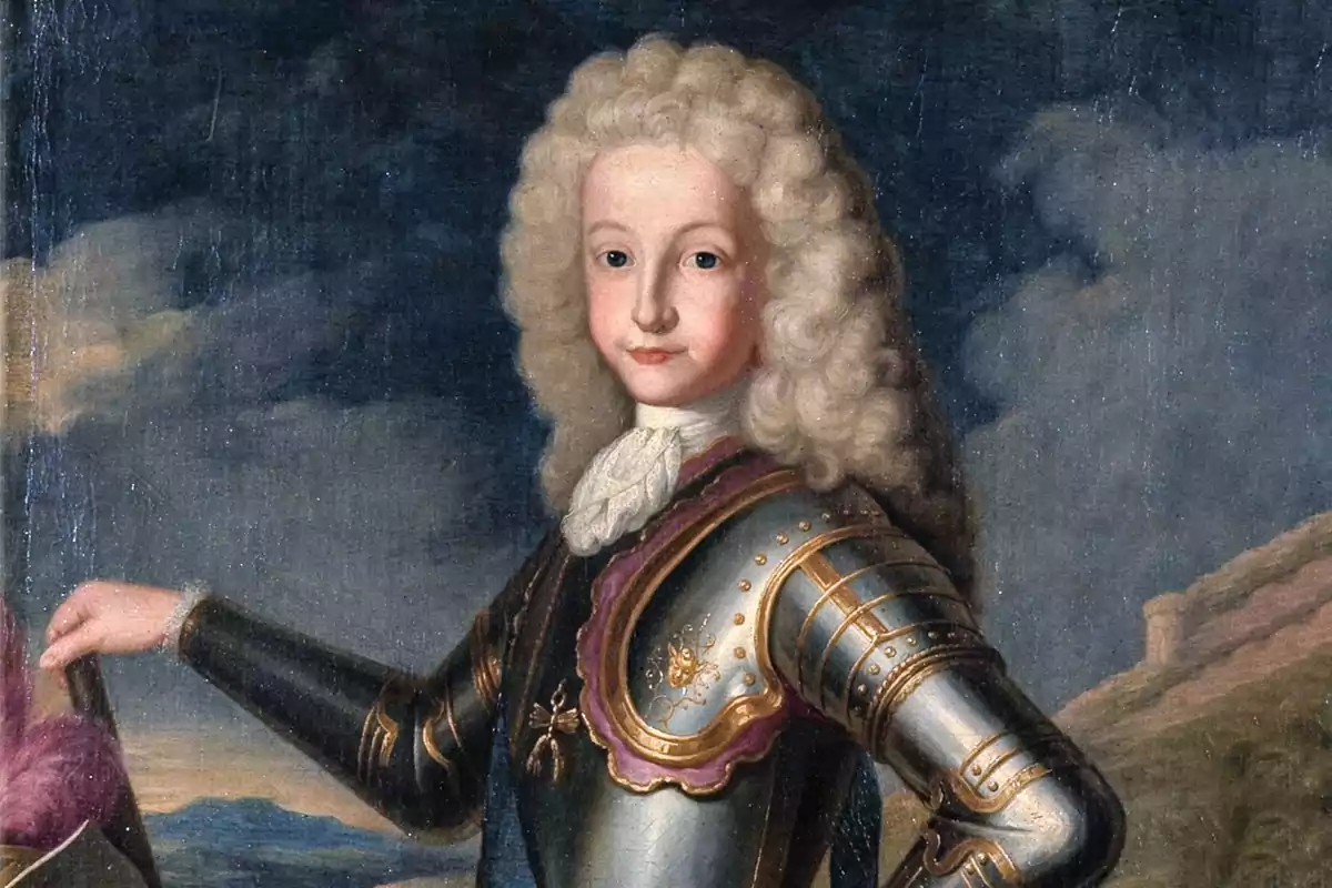 Retrato de un joven con peluca blanca y armadura brillante en un paisaje al aire libre Retrato de un joven con peluca blanca y armadura brillante en un paisaje al aire libre