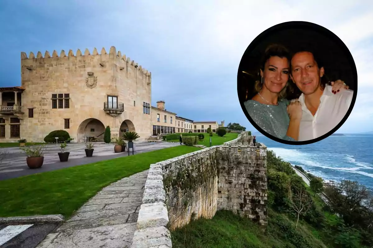 Vista de un edificio histórico de piedra junto al mar con césped y plantas en primer plano y una imagen circular superpuesta de una pareja sonriendo Vista de un edificio histórico de piedra junto al mar con césped y plantas en primer plano y una imagen circular superpuesta de una pareja sonriendo