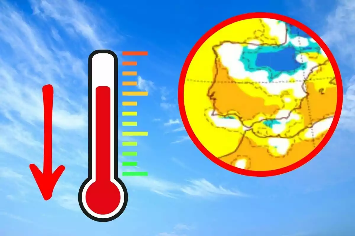 Termómetro con flecha roja hacia abajo y un mapa del clima sobre un cielo azul indicando descenso de temperaturas Termómetro con flecha roja hacia abajo y un mapa del clima sobre un cielo azul indicando descenso de temperaturas