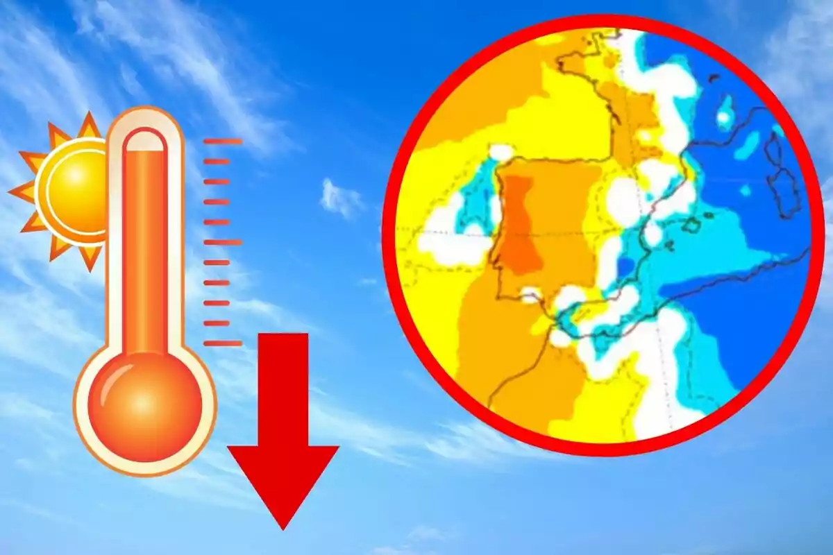 Termómetro con flecha roja hacia abajo junto a un mapa de temperaturas sobre la península ibérica y fondo de cielo azul Termómetro con flecha roja hacia abajo junto a un mapa de temperaturas sobre la península ibérica y fondo de cielo azul