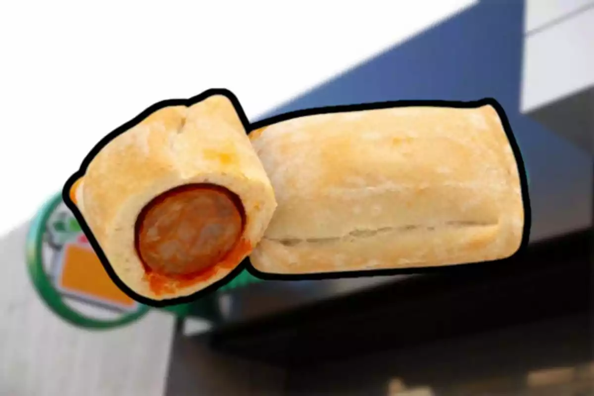 Dos panes rellenos de chorizo sobre un fondo borroso de una tienda Dos panes rellenos de chorizo sobre un fondo borroso de una tienda