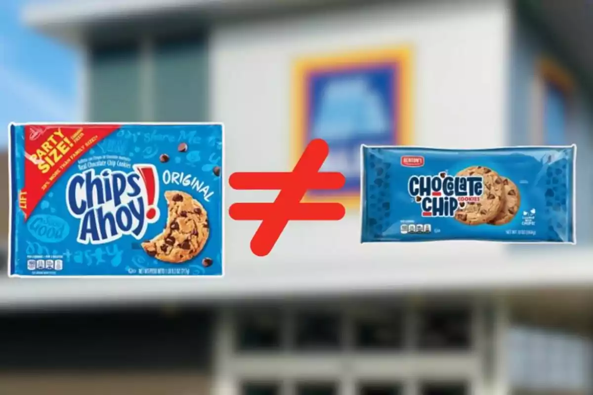 Chips Ahoy cookie package on the left and generic chocolate cookie package on the right with a red inequality symbol between them Chips Ahoy cookie package on the left and generic chocolate cookie package on the right with a red inequality symbol between them