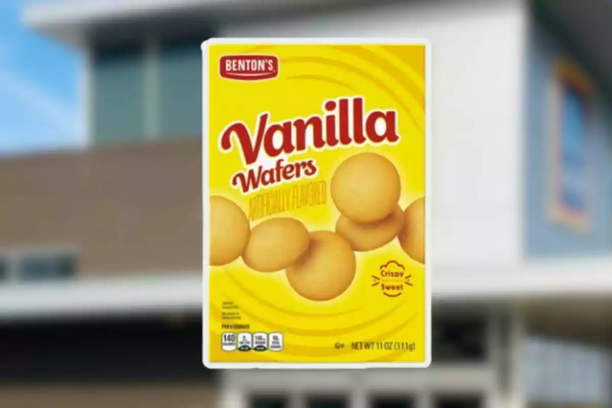 Yellow box of Benton's vanilla cookies with several round cookies on the cover Yellow box of Benton's vanilla cookies with several round cookies on the cover