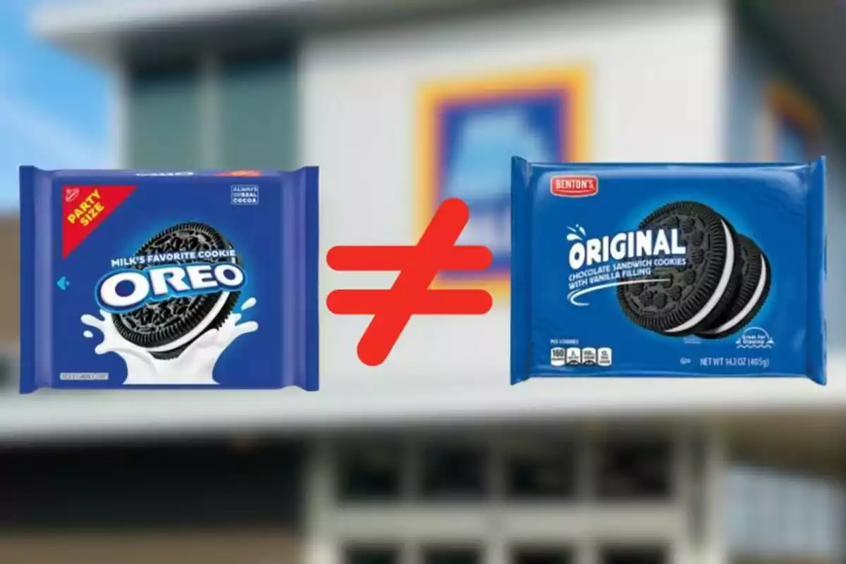 Oreo cookie package on the left and Benton’s Original cookie package on the right with a red inequality symbol between them Oreo cookie package on the left and Benton’s Original cookie package on the right with a red inequality symbol between them