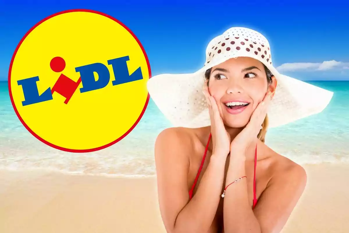 Mujer sonriente con sombrero de playa junto al logo de Lidl en una playa con mar y cielo azul