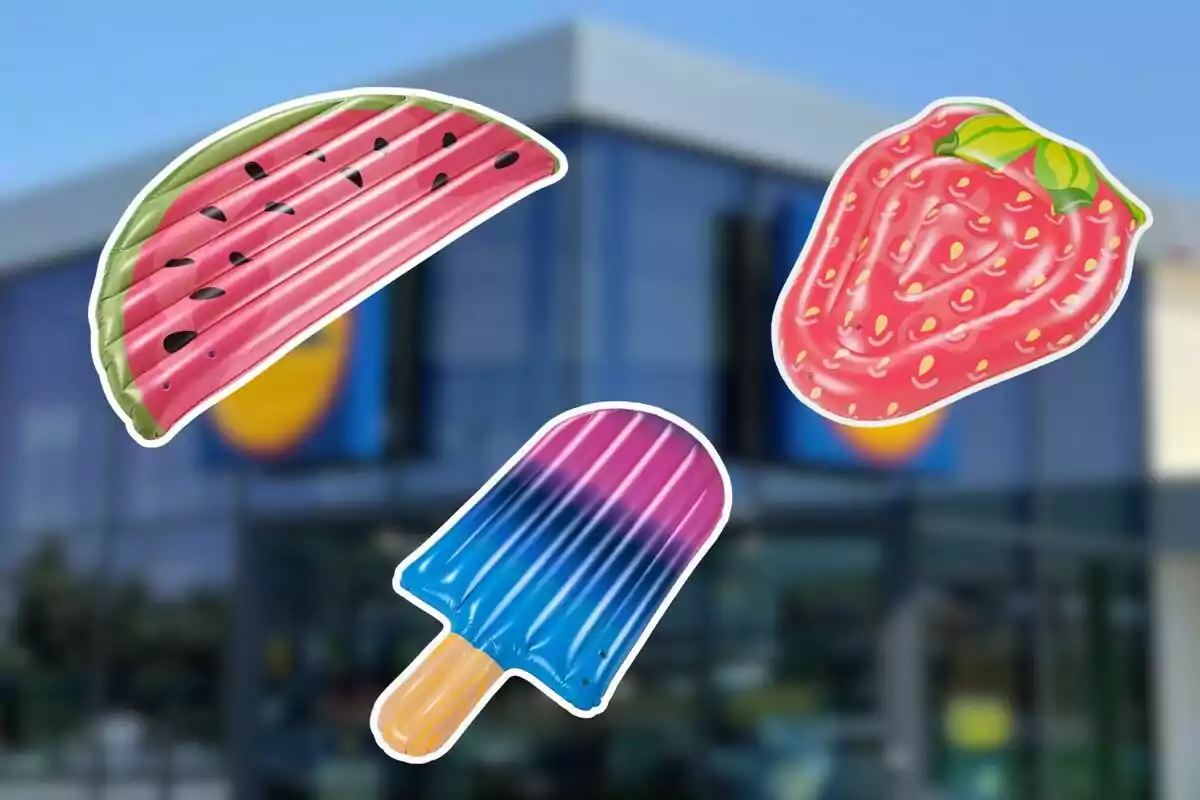 Tres flotadores inflables con forma de sandía, fresa y paleta de hielo frente a un supermercado desenfocado. Tres flotadores inflables con forma de sandía, fresa y paleta de hielo frente a un supermercado desenfocado.