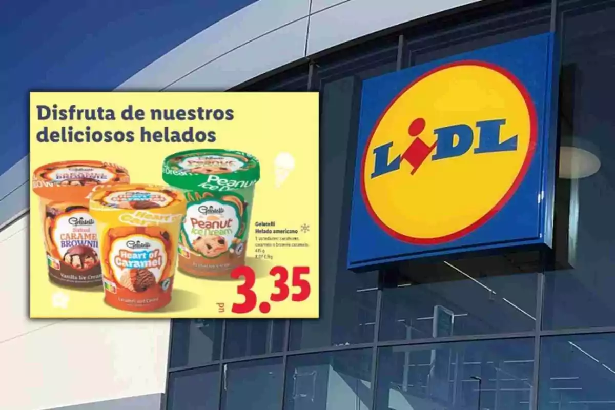Cartel promocional de helados Gelatelli en diferentes sabores con precio de 3.35 frente a una tienda Lidl Cartel promocional de helados Gelatelli en diferentes sabores con precio de 3.35 frente a una tienda Lidl
