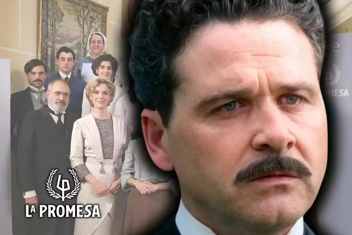 Primer plano de Carlos de Austria con bigote y con expresión seria en primer plano y al fondo un grupo de personas elegantemente vestidas junto al logo de 'La Promesa'.