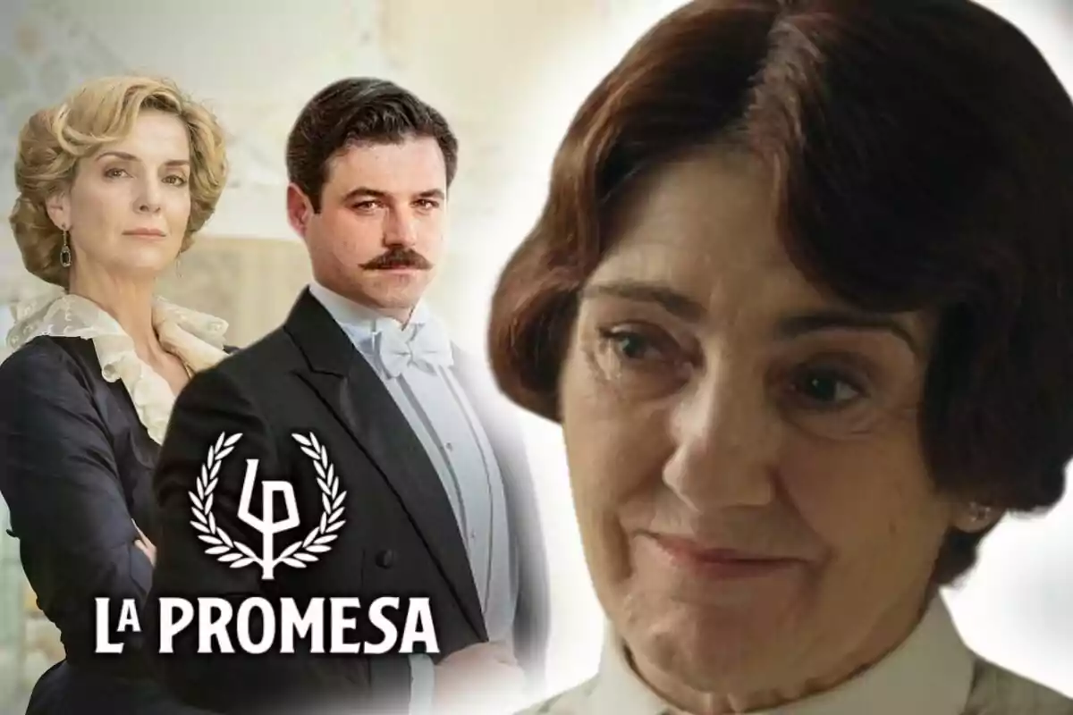 Tres personajes de la serie 'La Promesa' aparecen en la imagen, dos de ellos al fondo con vestimenta elegante y la actriz Arantxa Aranguren, haciendo de Emilia, en primer plano con expresión seria, junto al logo de la serie.