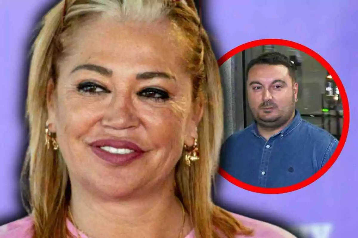 Belén Esteban sonriente en primer plano con Miguel Marcos de fondo dentro de un círculo rojo sobre un fondo morado
