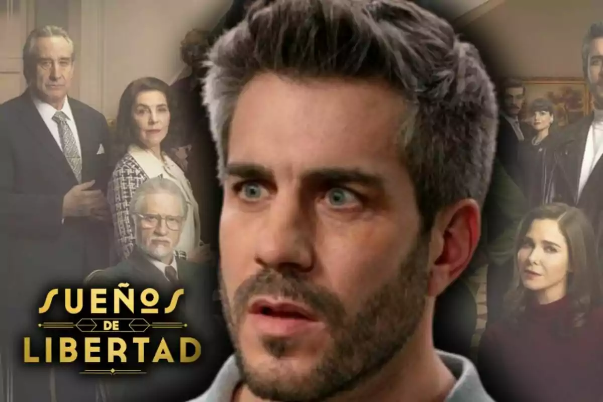 Primer plano de Dani Tatay con expresión seria y de fondo varios personajes de la serie 'Sueños de Libertad' junto al logo del título.