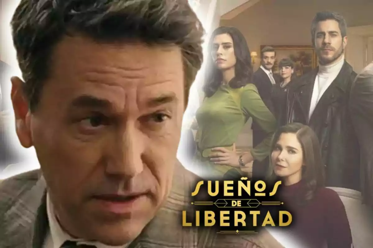 Primer plano de Oriol Tarrasón en el lado izquierdo y al fondo varios personajes posando junto al título 'Sueños de Libertad'.