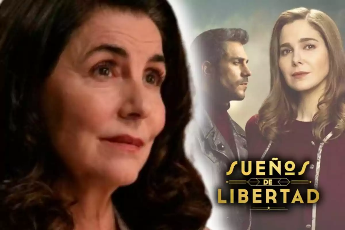 Primer plano de Ana Fernández con expresión seria junto a un cartel promocional de la serie 'Sueños de Libertad' donde aparecen dos personas más y el título en letras doradas.