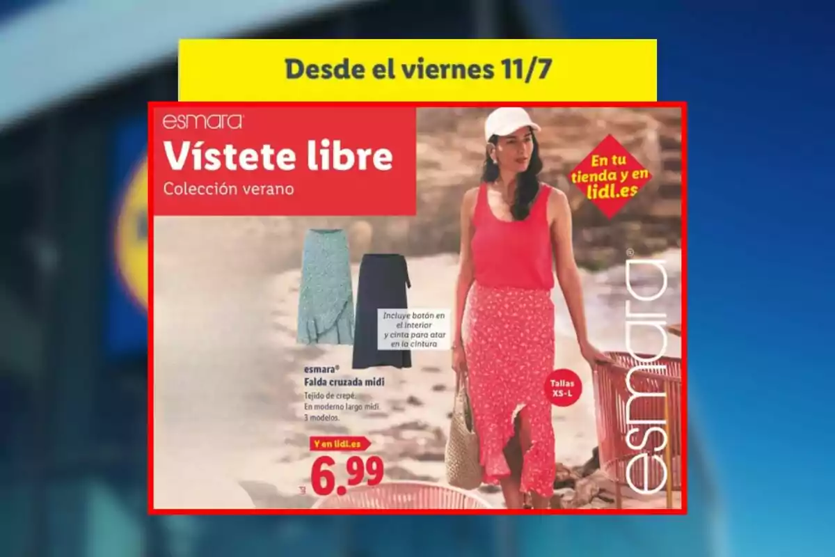 Promoción de faldas cruzadas midi de la colección de verano Esmara en Lidl, disponible desde el viernes 11 de julio, con una modelo usando una falda roja y top sin mangas, precio 6,99 euros, tallas XS a L. Promoción de faldas cruzadas midi de la colección de verano Esmara en Lidl, disponible desde el viernes 11 de julio, con una modelo usando una falda roja y top sin mangas, precio 6,99 euros, tallas XS a L.