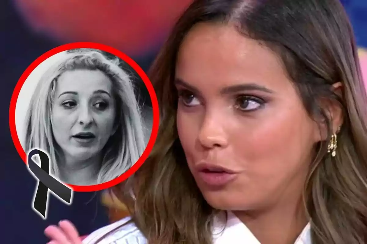 Montaje de fotos de Gloria Camila Ortega en el que aparece en primer plano mientras en la esquina se muestra una imagen en blanco y negro de otra mujer, que es Michu, con un lazo negro en señal de luto.