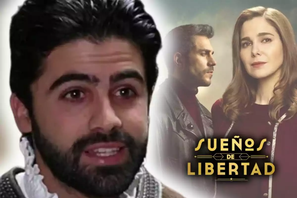 Primer plano de Jaime Gutiérrez con rostro serio a la izquierda y a la derecha dos personas con expresión seria junto al título 'Sueños de Libertad'.