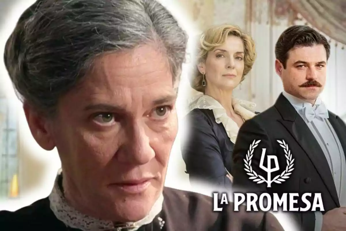 Tres personajes de la serie 'La Promesa' con el logo de la producción en la esquina inferior derecha, una de ellas aparece en primer plano y es la actriz Marga Martínez.