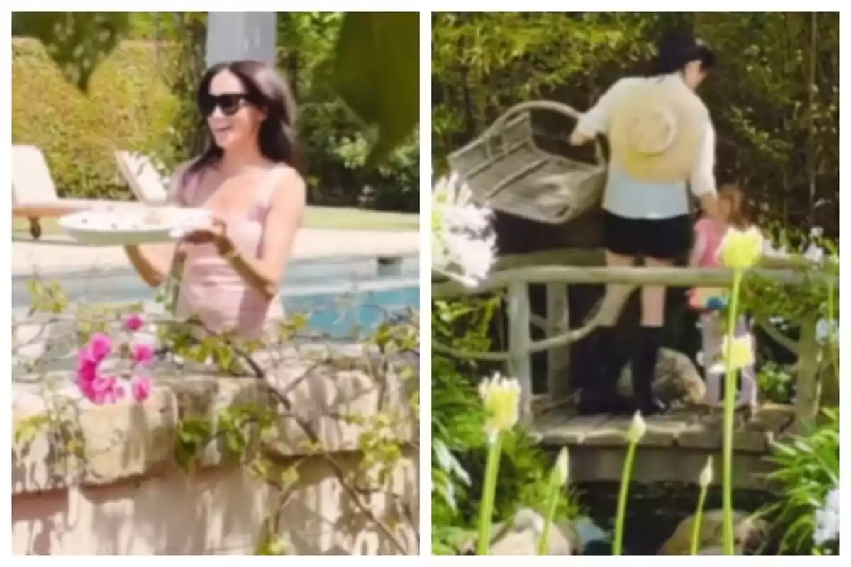 Meghan Markle wearing sunglasses holding a tray by a pool, and another image of her next to it wearing a hat and carrying a basket, walking with a girl, who is Lilibet, on a small bridge surrounded by greenery and flowers. Meghan Markle wearing sunglasses holding a tray by a pool, and another image of her next to it wearing a hat and carrying a basket, walking with a girl, who is Lilibet, on a small bridge surrounded by greenery and flowers.
