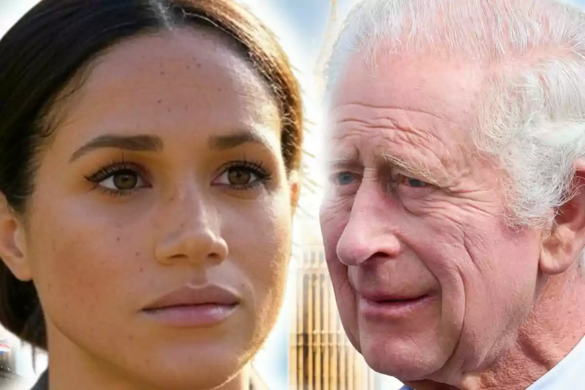 Montaje de fotos de primer plano de Meghan Markle con rostro serio y Carlos III con rostro neutro.