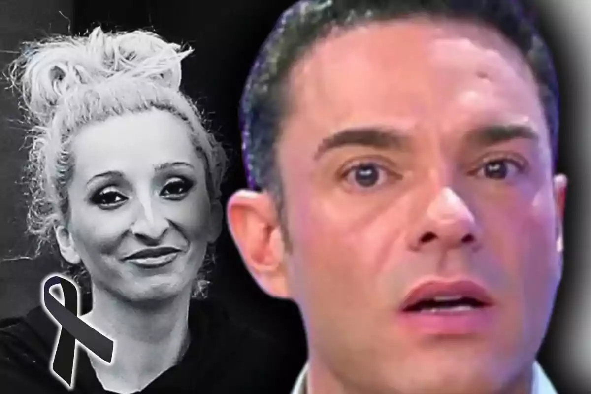 Antonio Rossi con expresión de sorpresa en primer plano y una mujer en blanco y negro al fondo con un crespón negro en la esquina en señal de luto, la cual es Michu.