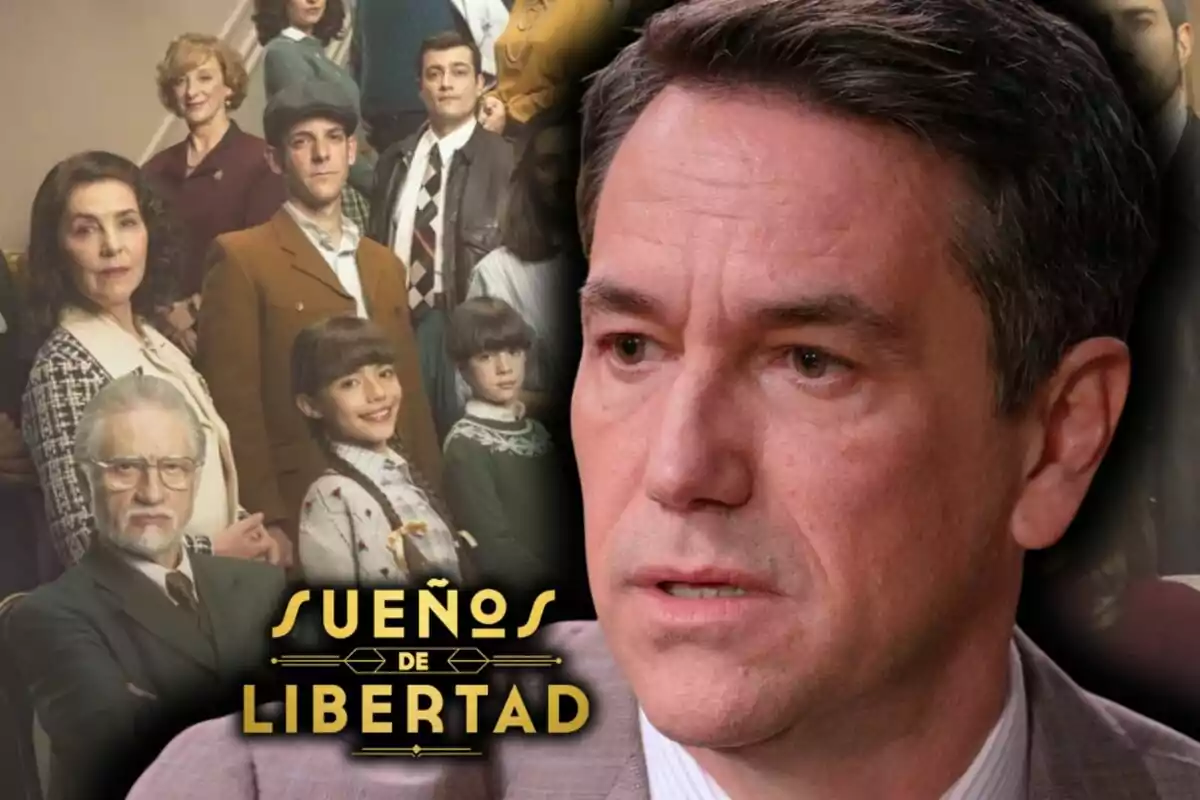 Oriol Tarrasón con expresión seria en primer plano y al fondo varios personajes de época junto al título 'Sueños de Libertad'.