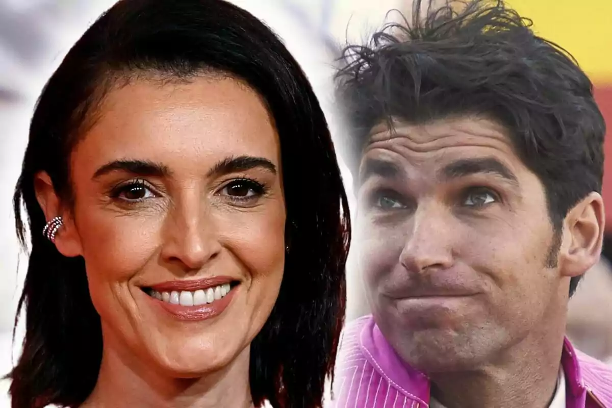 Montaje de fotos de primer plano de Blanca Romero sonriente y Cayetano Rivera con rostro serio.