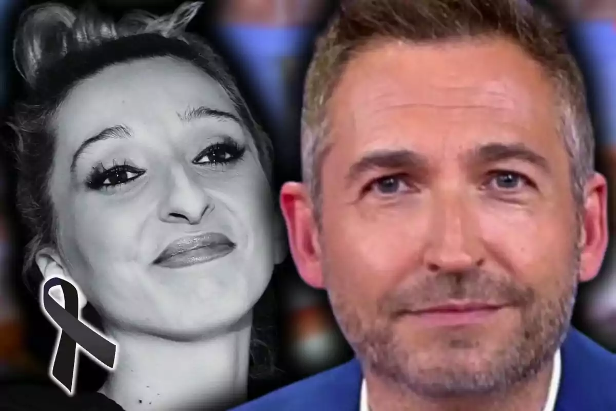 Dos personas en primer plano, una mujer en blanco y negro con un lazo negro en señal de luto, que es Michu, y un hombre en color con expresión seria, el cual es Frank Blanco.