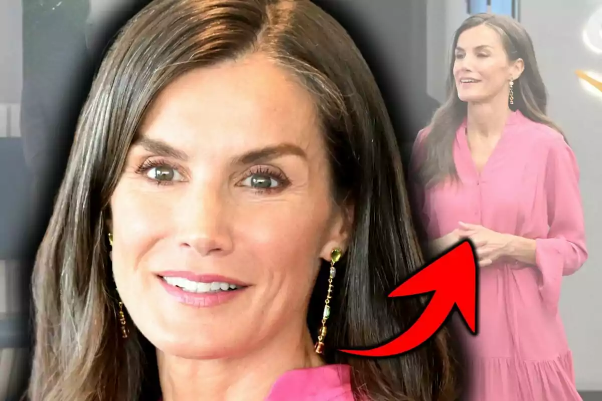 Montaje de fotos de la reina Letizia Ortiz usando un vestido rosa y aretes largos, con una flecha roja señalando su figura completa al fondo.