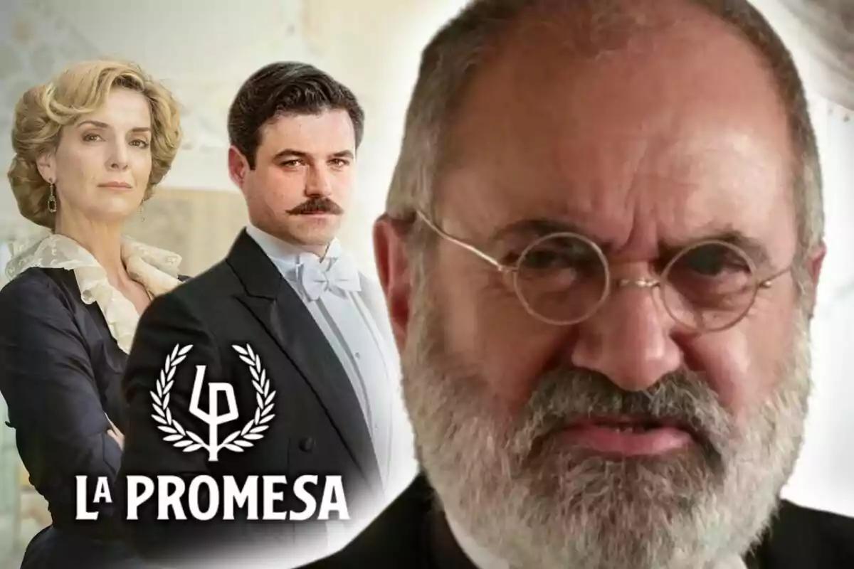 Tres personajes de la serie 'La Promesa' aparecen en primer plano con expresiones serias y elegantes -uno de ellos es Rómulo, interpretado por Joaquín Climent-, junto al logo y el título de la producción.