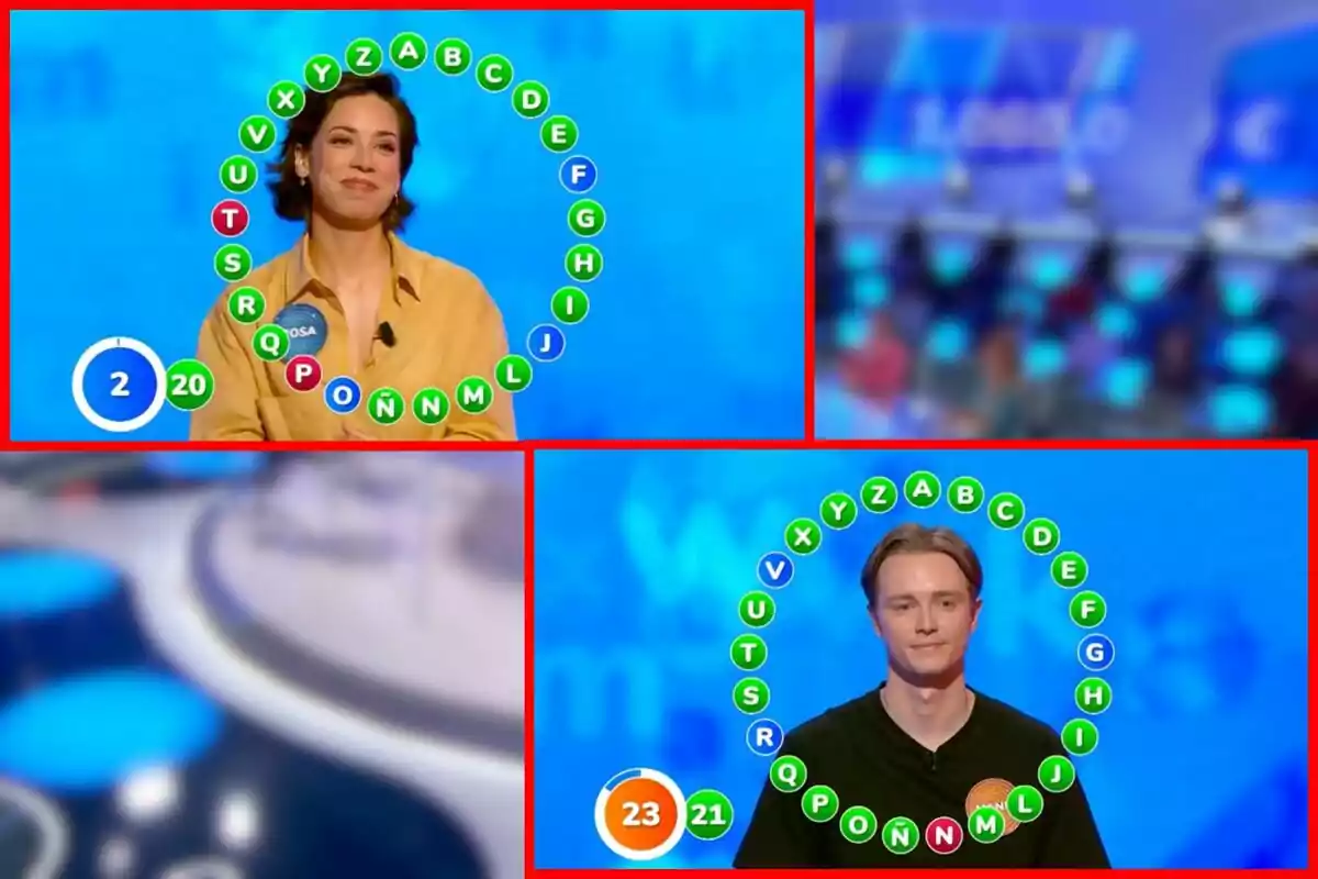 Dos concursantes, que son Rosa y Manu, participan en la prueba final del rosco en un concurso de televisión respondiendo preguntas de letras rodeados de círculos con letras y marcadores de tiempo y aciertos. Dos concursantes, que son Rosa y Manu, participan en la prueba final del rosco en un concurso de televisión respondiendo preguntas de letras rodeados de círculos con letras y marcadores de tiempo y aciertos.
