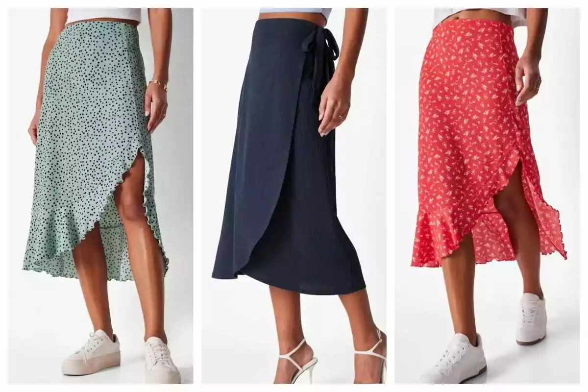 Tres faldas cruzadas de largo midi en diferentes colores y estampados de Lidl, una verde con puntos negros, una azul marino lisa y una roja con flores blancas, cada una combinada con diferentes tipos de calzado. Tres faldas cruzadas de largo midi en diferentes colores y estampados de Lidl, una verde con puntos negros, una azul marino lisa y una roja con flores blancas, cada una combinada con diferentes tipos de calzado.