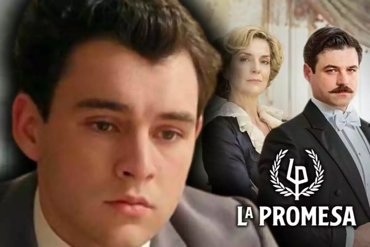 Tres personajes de la serie 'La Promesa' aparecen en la imagen, uno en primer plano con expresión seria, que es el actor Xavi Lock, y dos al fondo vestidos de época junto al logo de la serie.