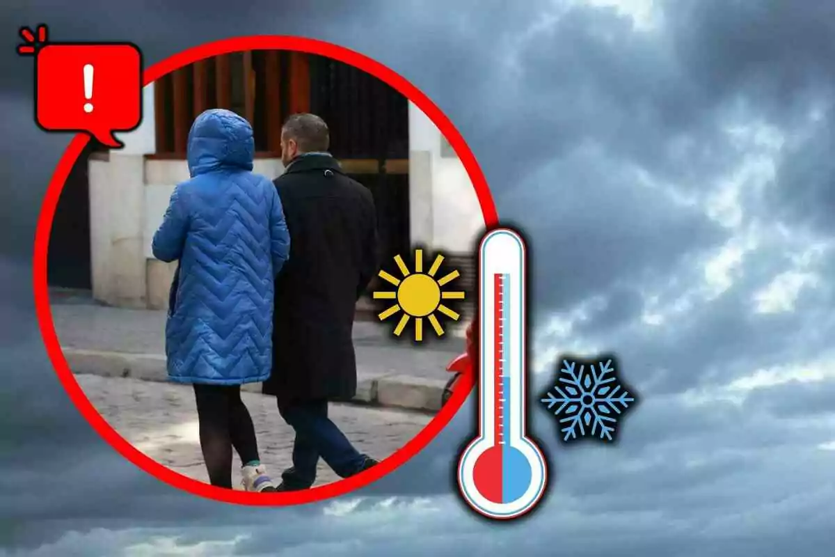 Dos personas abrigadas caminando bajo un cielo nublado con un termómetro, un sol, un copo de nieve y un ícono de advertencia indicando frío