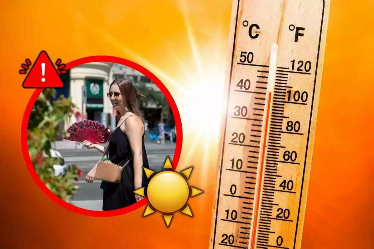 Termómetro marcando altas temperaturas con fondo naranja, una mujer abanicándose y símbolos de advertencia y sol