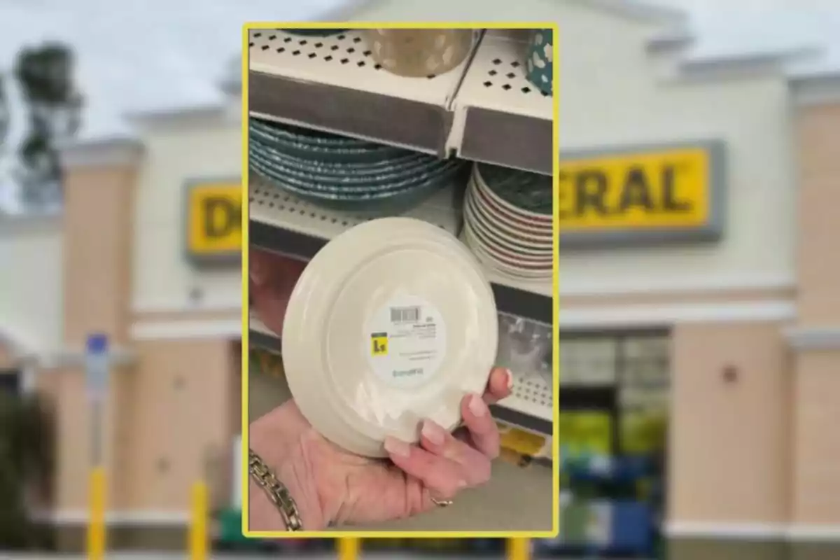 Person holding a small beige ceramic plate in a store with shelves of plates and cups, with the facade of a Dollar General store visible in the background. Person holding a small beige ceramic plate in a store with shelves of plates and cups, with the facade of a Dollar General store visible in the background.