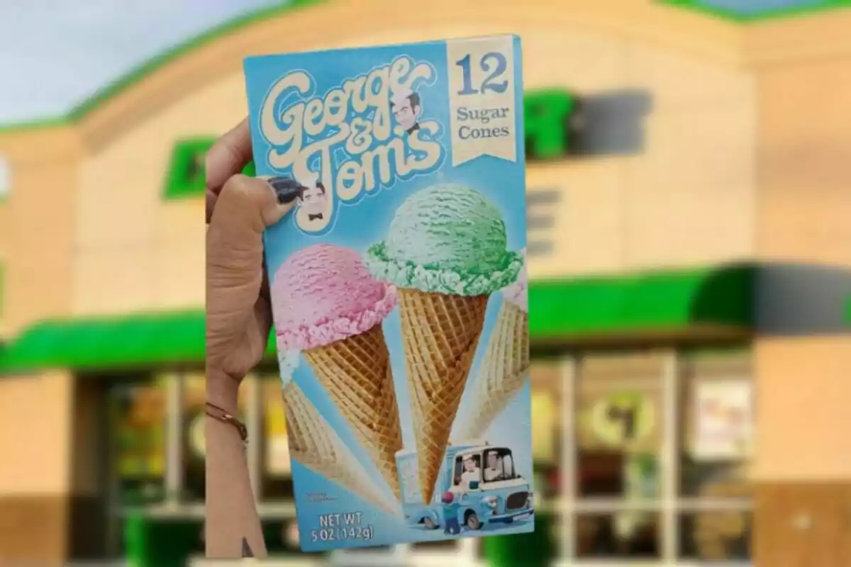 Person holding a box of George & Tom's ice cream cones in front of a store with green awnings. Person holding a box of George & Tom's ice cream cones in front of a store with green awnings.