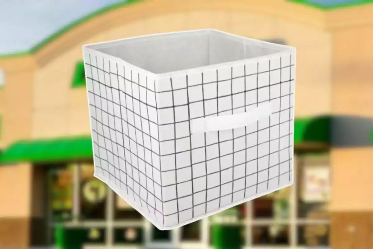 Caja organizadora blanca con diseño de cuadros negros y asa al frente sobre un fondo de tienda desenfocado Caja organizadora blanca con diseño de cuadros negros y asa al frente sobre un fondo de tienda desenfocado