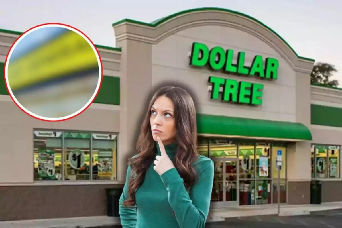 Mujer pensativa frente a una tienda Dollar Tree con un círculo que resalta un letrero borroso en la esquina superior izquierda