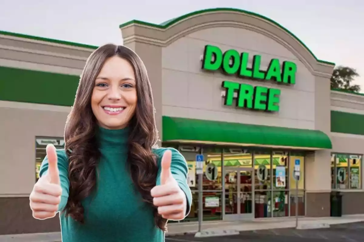 Mujer sonriente con pulgares arriba frente a una tienda Dollar Tree